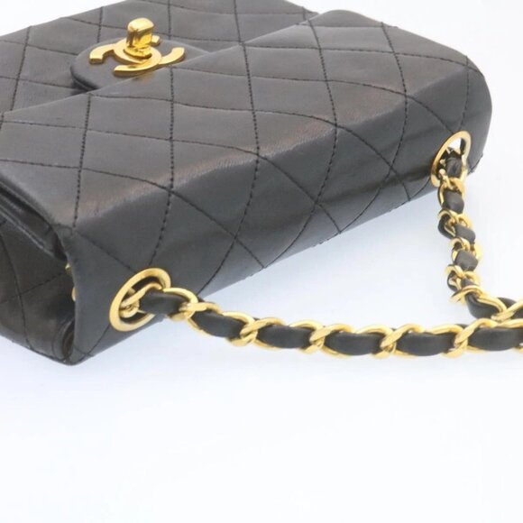 CHANEL Mini Matelasse Chain Flap Shoulder Bag Lamb Skin Black Gold Auth 28471AM - Picture 7 of 16